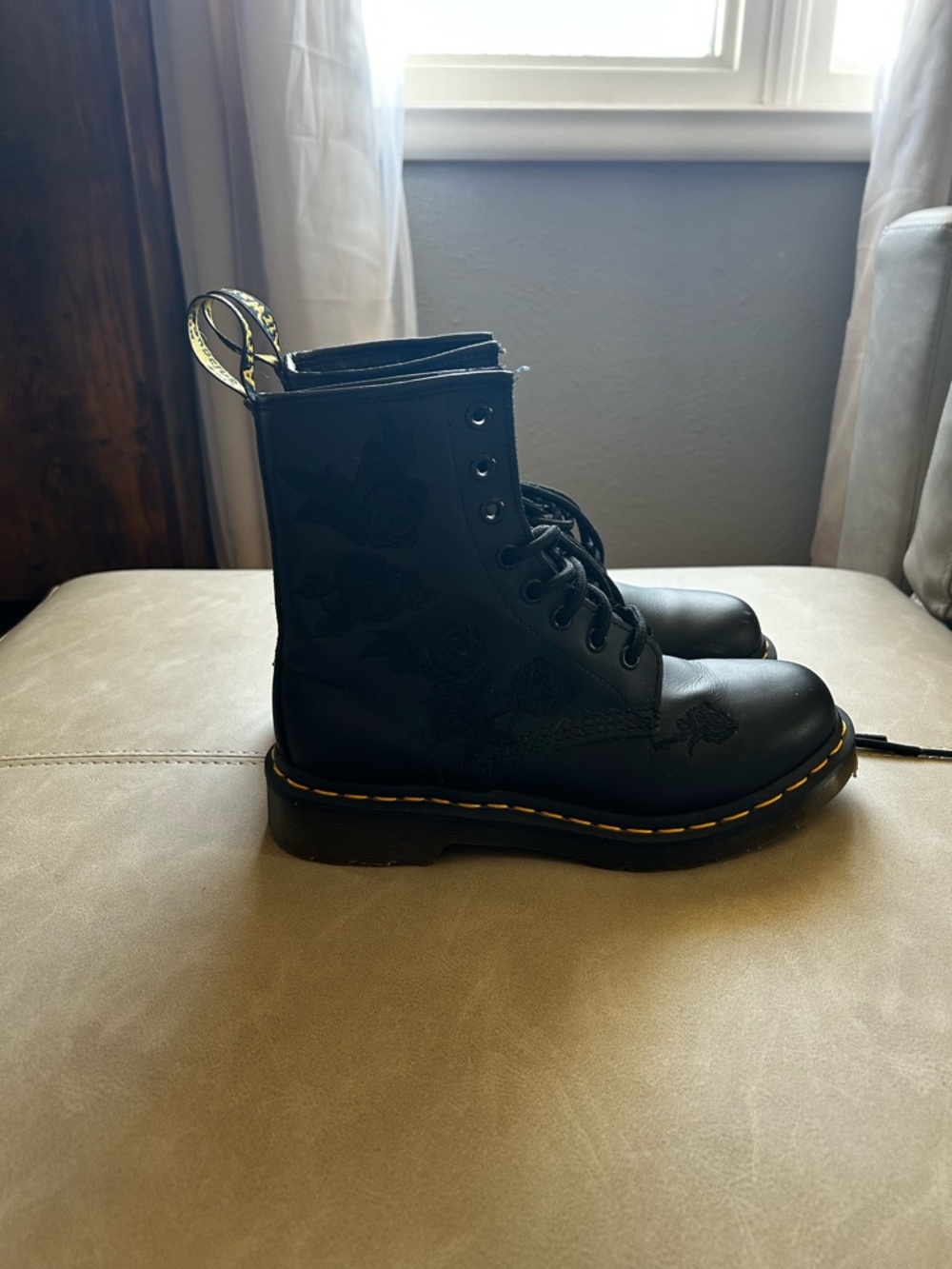 Dr. Martens Black Floral Embossed 8-Eye Combat Boots - Picture 5 of 9